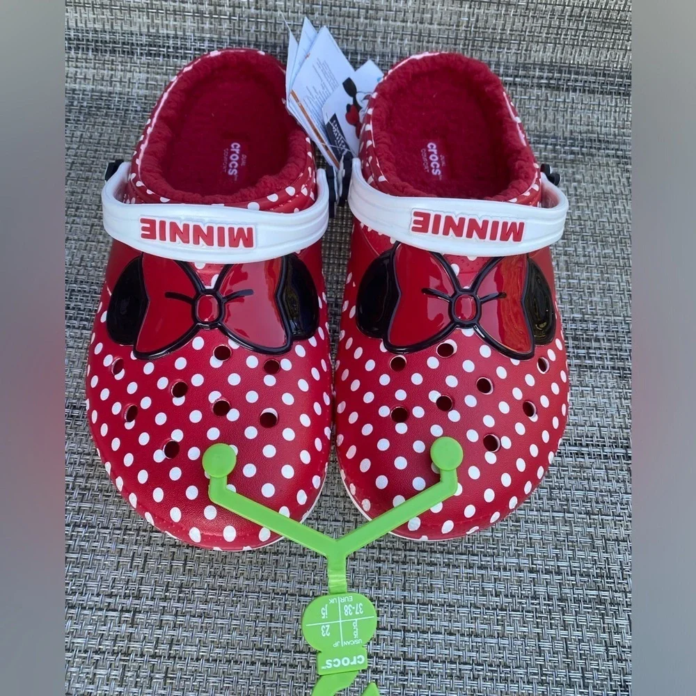 CROCS Disney Minnie Mouse Big Girls Fur Lined Red Bow White Polka Dot Clog Sz j5